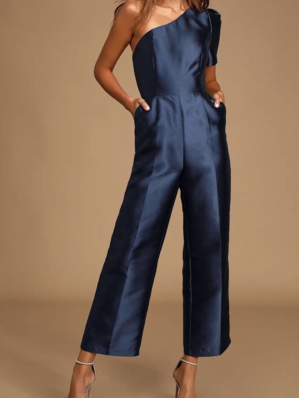 Lulu's Navy One-Shoulder Satin Jumpsuit